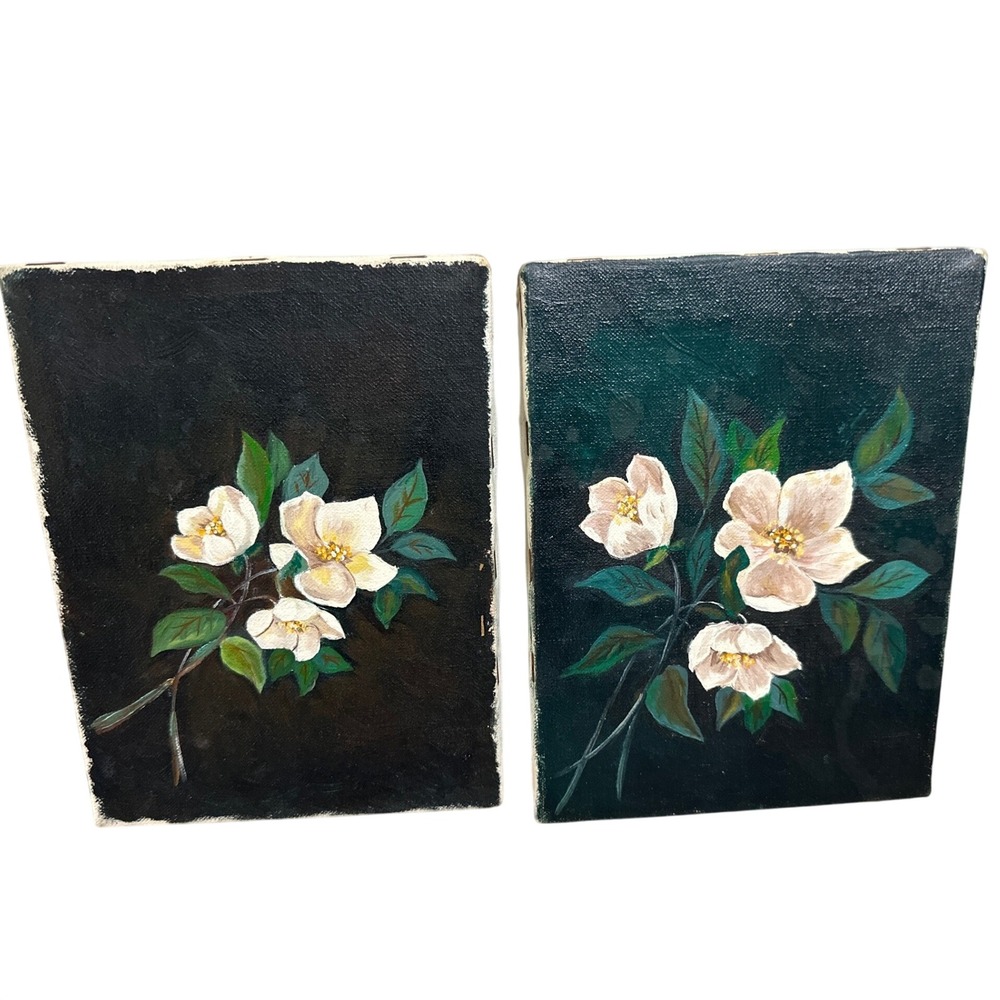 Vtg Hand Painted Moody Floral Oil Paintings Set of 2 Black Green dark academia